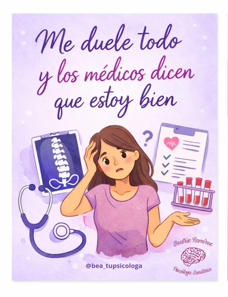 Me duele todo y los médicos dicen que estoy bien – dolor persistente Ilustración de una mujer con dolor persistente y pruebas médicas normales, representando a personas que sienten dolor aunque los médicos dicen que están bien.